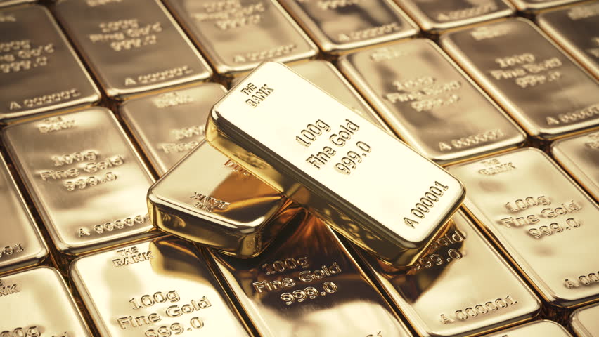 Gold bars and ingots stack in a row. Savings, financial and investments concept. 3d animation. 3D Illustration