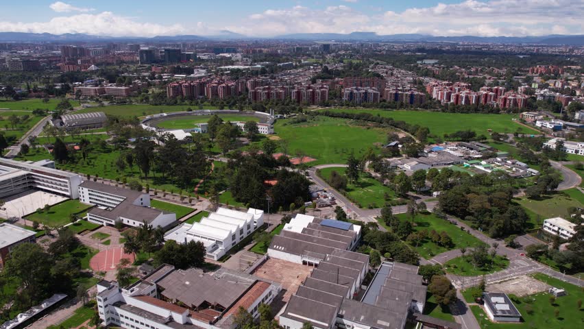 Aerial View, National University of Colombia in Bogota, Buildings Parks Sports Fields and Modern Apartment Complex