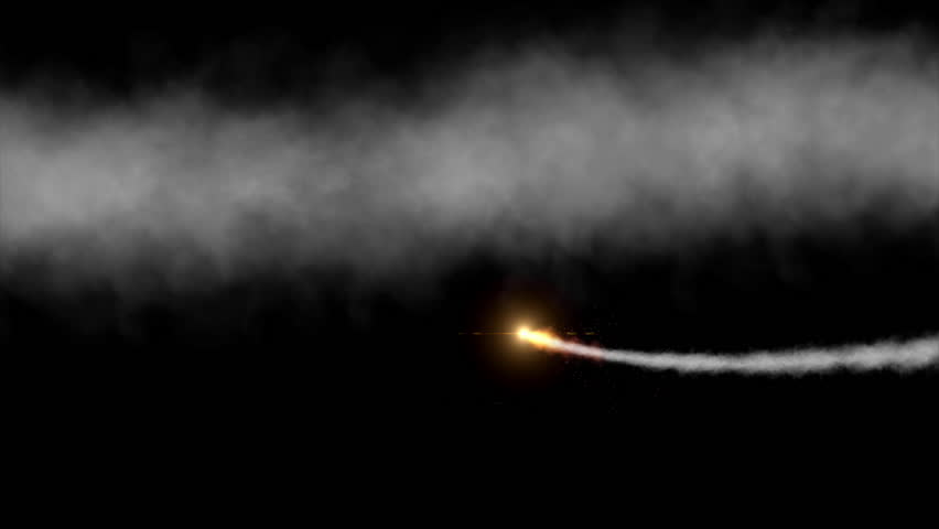 A trail of fire smoke and sparks from a fast-moving missile. The rocket quickly flies past the frame and flies away. Jet engine smoke overlay. Spaceship Isolated on black background