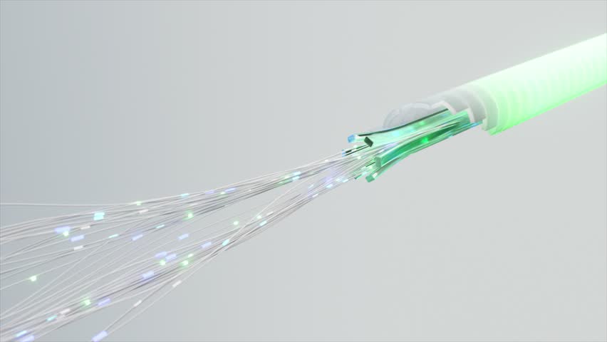 A close-up of glowing green fiber optic cables, illustrating advanced data transmission technology, with soft lighting and a minimalist light background.