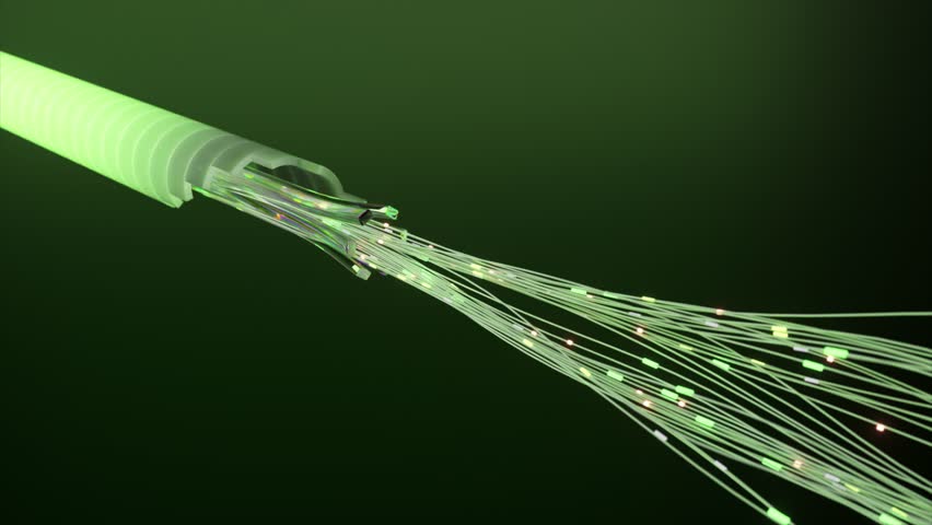 A close-up of glowing green fiber optic cables, illustrating advanced high-speed data transfer technology with illuminated strands, set against a dark green background.