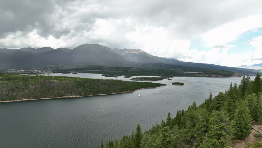 Aerial View Of Dillon Reservoir With Sailboats, Mountains And Green Trees In Breckenridge, Colorado