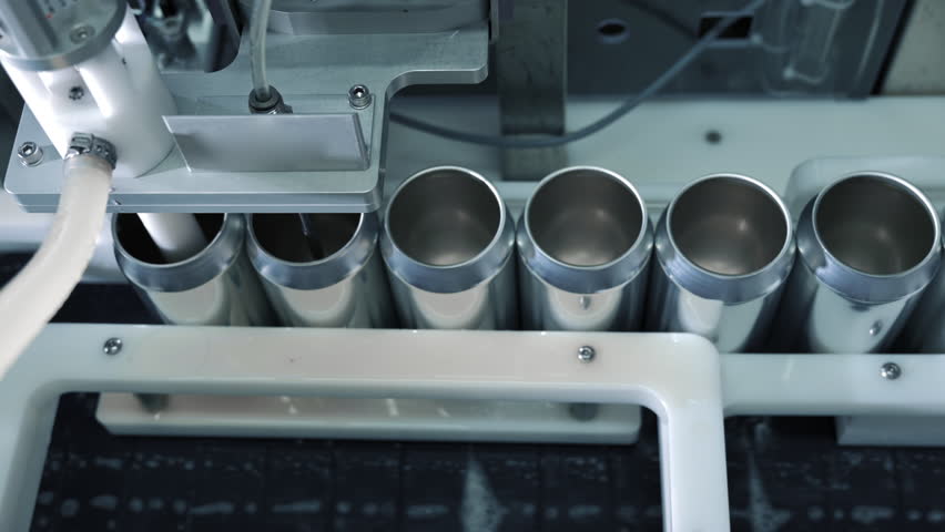Empty new aluminum cans on conveyor belt machine at beverage manufacturing. food and beverage industrial business concept. High quality 4k footage.