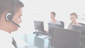 Customer service representative with headset in office over data processing animation. communication, virtual, customer support, ai, innovation, call center - Powered by Shutterstock - Get 15% off with code: PIKWIZARD15