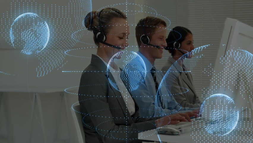 Customer service representatives working at computers with global network animation. Customer support, call center, technology, communication, teamwork, office - Powered by Shutterstock - Get 15% off with code: PIKWIZARD15