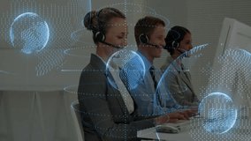 Customer service representatives working at computers with global network animation. Customer support, call center, technology, communication, teamwork, office - Powered by Shutterstock - Get 15% off with code: PIKWIZARD15