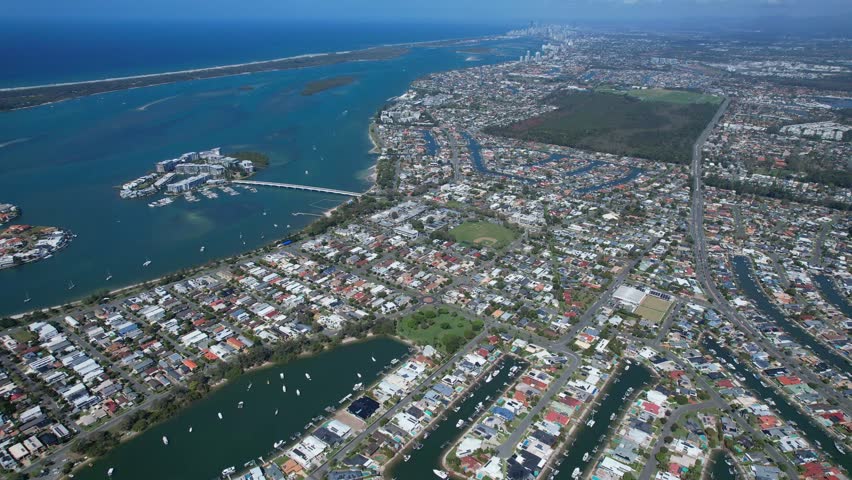 Aerial View Over Sovereign Islands, Ephraim Island And Paradise Point In Gold Coast, QLD, Australia - Drone Shot