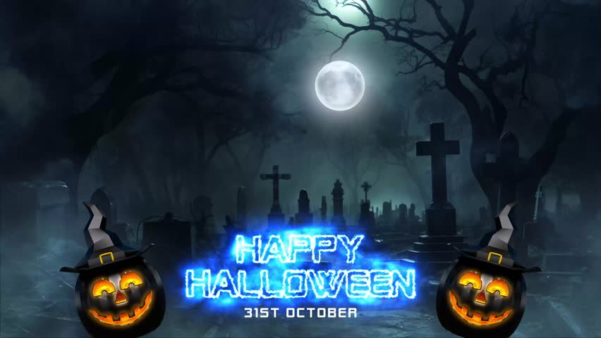 4K Animated Happy Halloween Background video with lightning, flying ghosts, Halloween pumpkin, flying bats on spooky graveyard background 