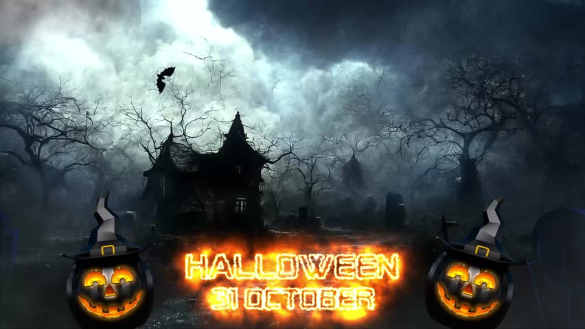 4K Animated Halloween Background video with lightning, flying ghosts, Halloween pumpkin, flying bats on haunted house and graveyard background 
