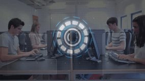 Digital interface animation over students working on computers in classroom. Technology, education, learning, interaction, innovation - Powered by Shutterstock - Get 15% off with code: PIKWIZARD15