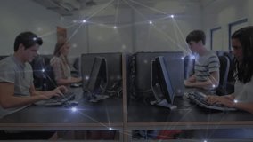 Network connections animation over people working on computers in office. Technology, networking, teamwork, collaboration, digital, workplace - Powered by Shutterstock - Get 15% off with code: PIKWIZARD15