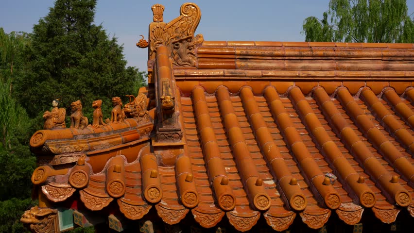 Ornate roof detail with ancient Chinese motifs in Beihai Park, Beijing. Pan left