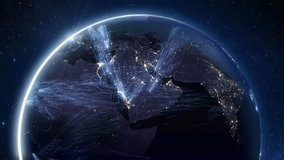 A futuristic Earth view from space, highlighting illuminated cities and global flight connections from Saudi Arabia. Showcasing air travel, networked communications, and worldwide airport departures a - Powered by Shutterstock - Get 15% off with code: PIKWIZARD15