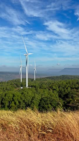 Wind turbine field view on Lam Takhong Dam used for electricity generation