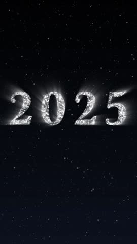 New Year 2025 vertical fireworks. Sparkling animated numbers on dark blue background.