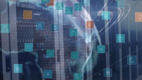 Digital icons and data processing animation over people working in server room. Technology, network, innovation, cybersecurity, teamwork, management - Powered by Shutterstock - Get 15% off with code: PIKWIZARD15