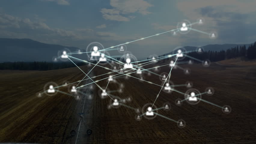 Network of connections and data processing animation over rural landscape. Technology, networking, connectivity, digital, communication