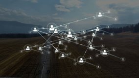 Network of connections and data processing animation over rural landscape. Technology, networking, connectivity, digital, communication - Powered by Shutterstock - Get 15% off with code: PIKWIZARD15