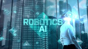 Robotics AI. Businessman Working in Office among Skyscrapers. Hologram Concept - Powered by Shutterstock - Get 15% off with code: PIKWIZARD15
