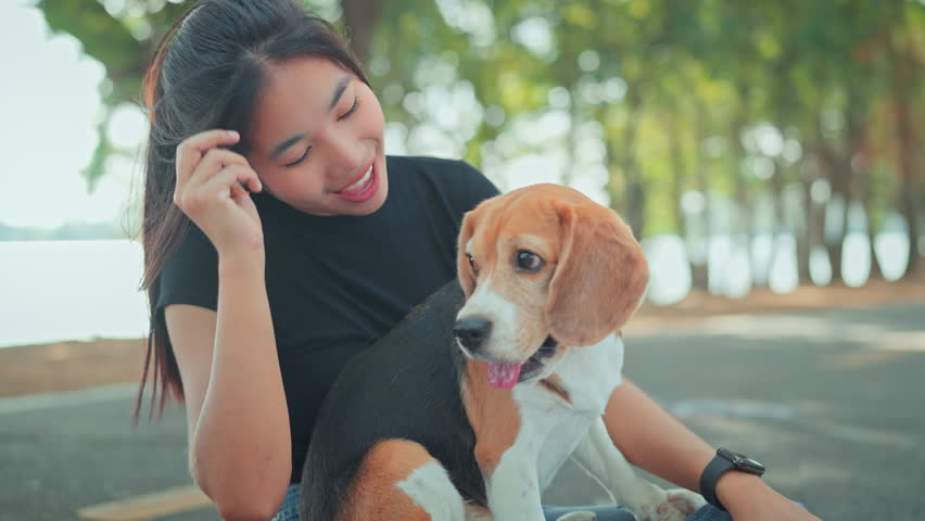 Happy asian woman playing with dog together in public park outdoors, Friendship between human and their pet