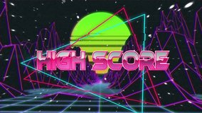 High Score text animation over neon grid and geometric shapes with starry background. Retro, futuristic, cyberpunk, digital, science fiction, glowing - Powered by Shutterstock - Get 15% off with code: PIKWIZARD15