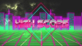 High score text animation over neon cityscape with grid lines. Retro, futuristic, digital, high-tech - Powered by Shutterstock - Get 15% off with code: PIKWIZARD15