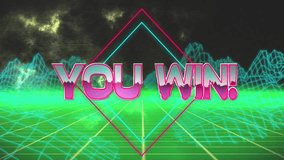 You win! text animation over neon grid landscape with geometric shapes. Retro, futuristic, digital, 80s, arcade - Powered by Shutterstock - Get 15% off with code: PIKWIZARD15