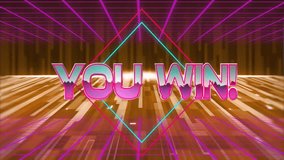 You win! text animation over neon grid background with geometric shapes. Victory, retro, digital, futuristic - Powered by Shutterstock - Get 15% off with code: PIKWIZARD15