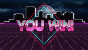 You win text animation over neon cityscape with grid pattern and moon. winner, digital, retro, gaming, cyberpunk, 80s - Powered by Shutterstock - Get 15% off with code: PIKWIZARD15