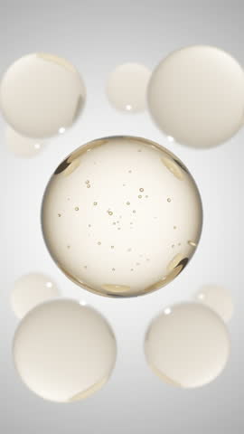 Golden serum liquid bubbles. Luxury beauty cosmetics macro 3D abstract background. Bio moisturizer essence gel or oil drops. Collagen fluid molecule. Moisturizing peptide face cream for skin lifting