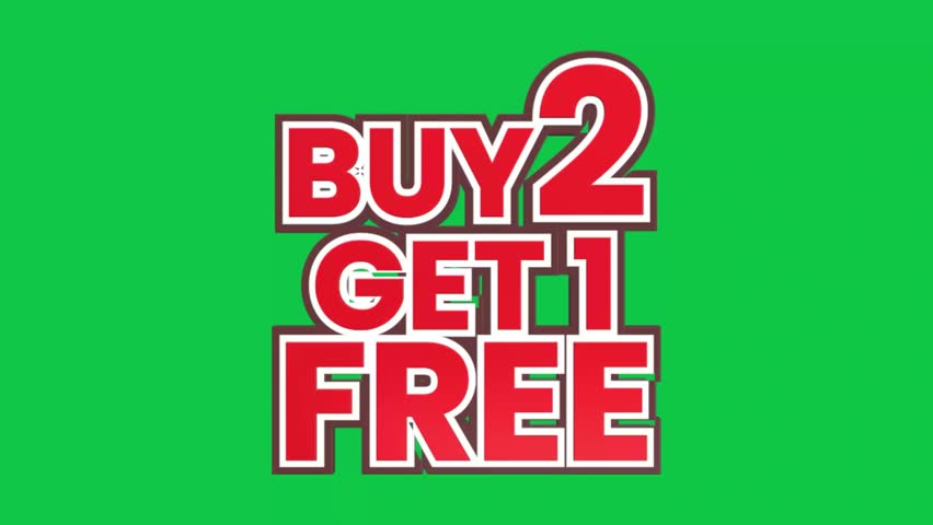 Buy 2 Get 1 Free rotating animation video clip on green screen chroma key background, animation motion graphic footage