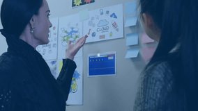 Network security and online shopping animation over people discussing in office. Cybersecurity, ecommerce, teamwork, technology, collaboration, business - Powered by Shutterstock - Get 15% off with code: PIKWIZARD15