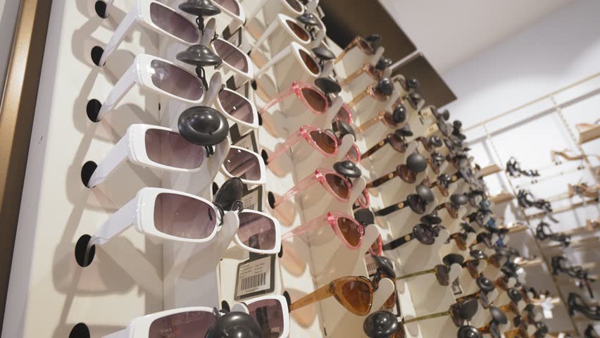 Capturing rotating display of trendy sunglasses in various styles and colors at optical store, showcasing modern eyewear fashion