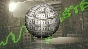 Rotating globe made of dollar bills with green stock market graph animation. Economy, finance, investment, global, currency, wealth - Powered by Shutterstock - Get 15% off with code: PIKWIZARD15