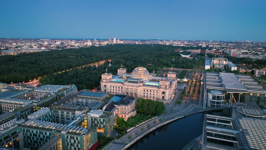 Aerial view of famous places landmarks Reichstag. City of Berlin, Germany architectural from above.