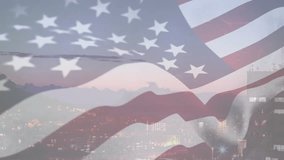 American flag and floating dollar bills animation over cityscape at dusk. USA, currency, finance, economy, skyline, patriotism - Powered by Shutterstock - Get 15% off with code: PIKWIZARD15