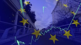 European Union stars and financial data animation over people walking in urban area. Economy, finance, business, technology, analysis, workforce - Powered by Shutterstock - Get 15% off with code: PIKWIZARD15