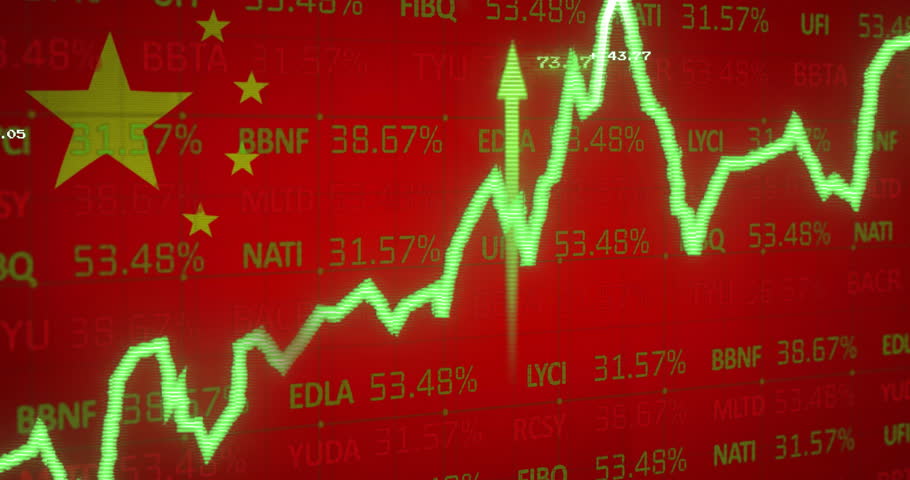 Stock market data and green upward arrows animation over Chinese flag background. Finance, investment, growth, economy, China, statistics