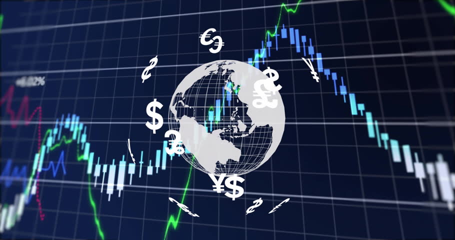 Global currency symbols animation over fluctuating financial stock market graph. Finance, investment, trading, global economy, fluctuation