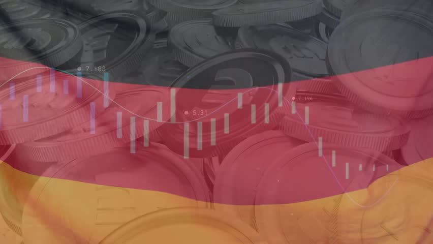 German flag and financial data animation over euro coins background. Economy, finance, money, investment, currency, Germany - Powered by Shutterstock - Get 15% off with code: PIKWIZARD15