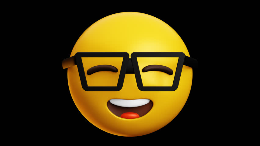 Laughing smart face with glasses and closed eyes emoji, 3d emoticon animation, Alpha channel, Transparent video	
