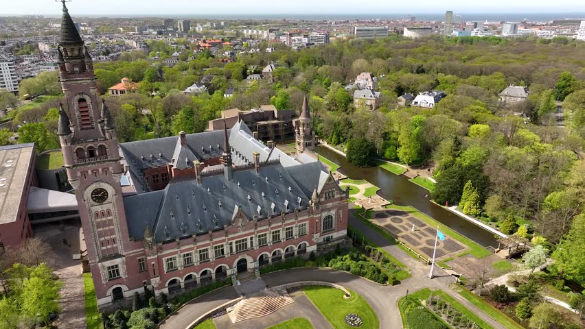 Aerial view of The Peace Palace (Vredespaleis) in The Hague , Netherlands. Building of International Court of Justice in Den Haag, Holland. Netherlands, Europe from above