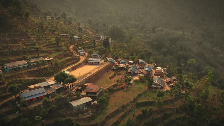 Aerial view of Simle Village of Gorkha Nepal, Himalayas on Background