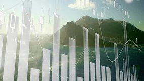 Financial data processing animation over coastal landscape with mountains and ocean. Technology, finance, analytics, digital, futuristic, investment - Powered by Shutterstock - Get 15% off with code: PIKWIZARD15