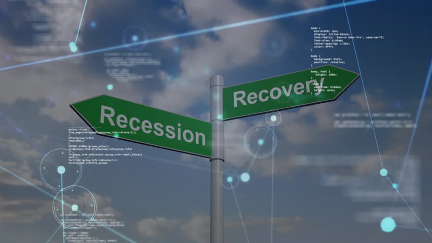 Recession and recovery signs with network connections animation over cloudy sky. Economy, financial, growth, crisis, visualization, business