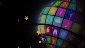 Rotating globe of app icons with stars animation on black background. Technology, digital, communication, apps, interface, sphere - Powered by Shutterstock - Get 15% off with code: PIKWIZARD15