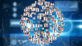 Collage of diverse faces forming globe shape over digital network connections animation. Diversity, global, teamwork, connectivity, unity, technology - Powered by Shutterstock - Get 15% off with code: PIKWIZARD15