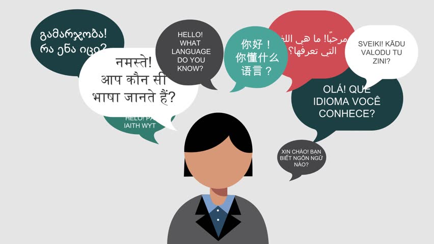 Multi language Concept. Woman talking different languages. Translation app. Vector concept. Technology
