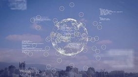 Global network connections and data processing animation over cityscape. Technology, digital, connectivity, cybersecurity, cloud, communication - Powered by Shutterstock - Get 15% off with code: PIKWIZARD15