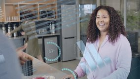 Data processing animation over diverse people in office kitchen. Technology, teamwork, diversity, collaboration, meeting, analytics - Powered by Shutterstock - Get 15% off with code: PIKWIZARD15